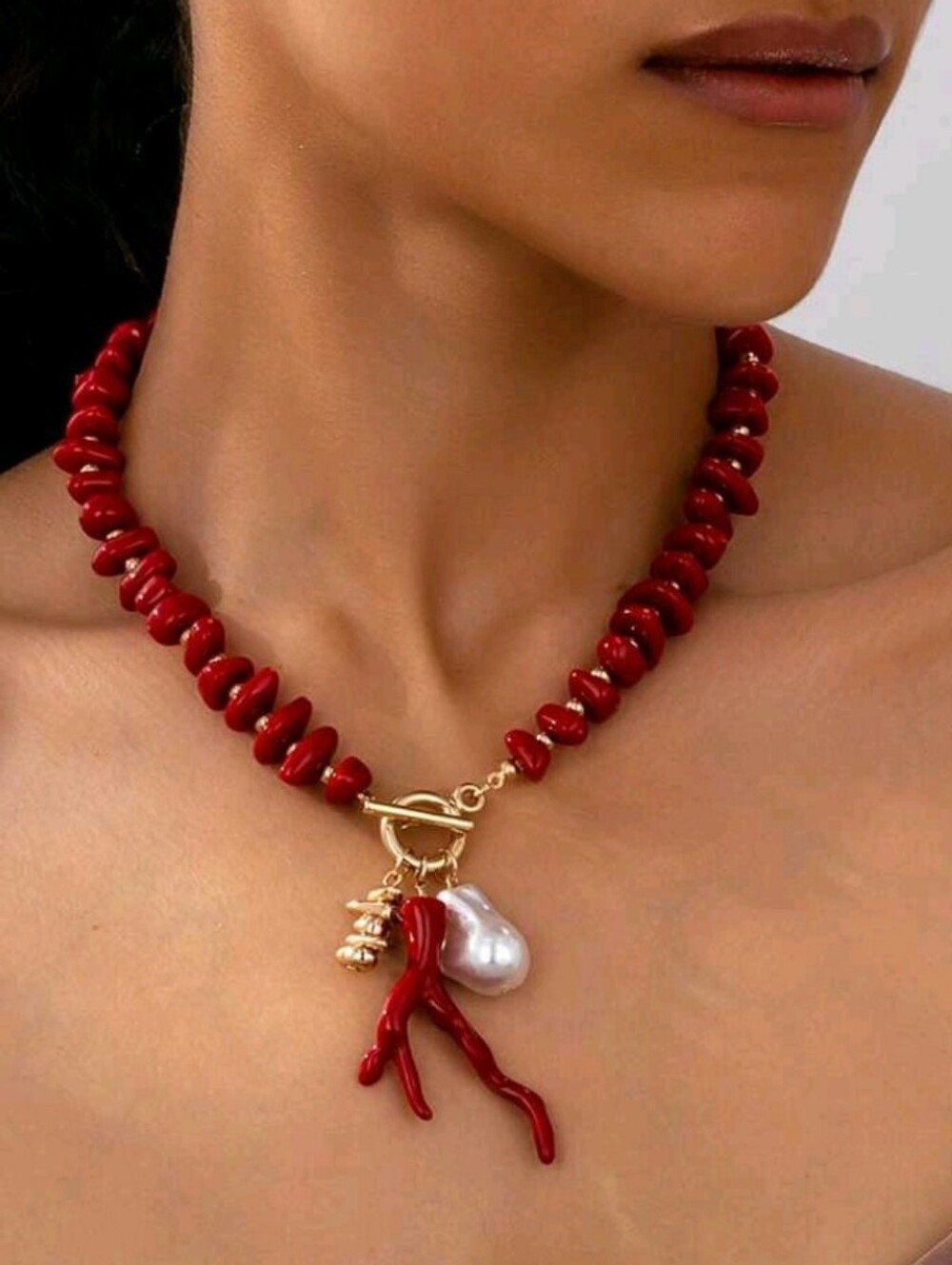 NEW! Stunning Red Coral-Bead & Gold Charm Toggle Necklace with Pearl Charm